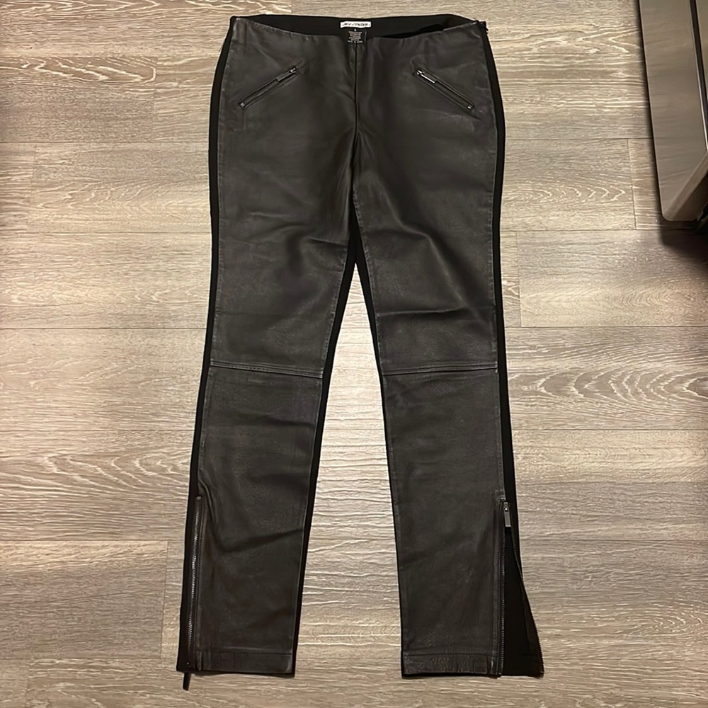 Half leather half rayon straight leg zipper pants